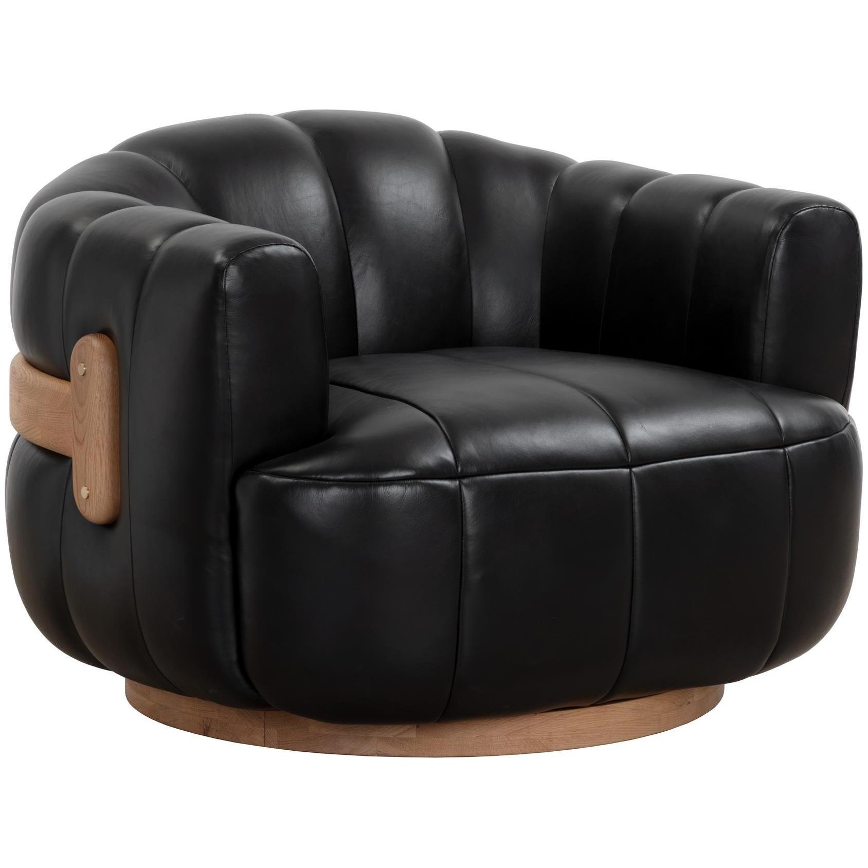 Tadeo Swivel Lounge Chair - Rustic Oak Wood - Vintage Black Night Leather 1 Tadeo Swivel Lounge Chair - Rustic Oak Wood - Vintage Black Night Leather