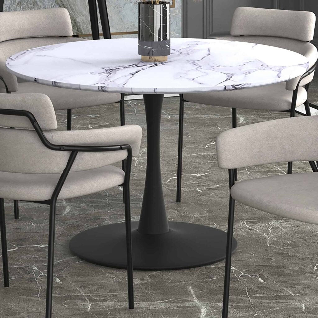 Zilo 48" Round Dining Table in White Faux Marble and Black - Image 2