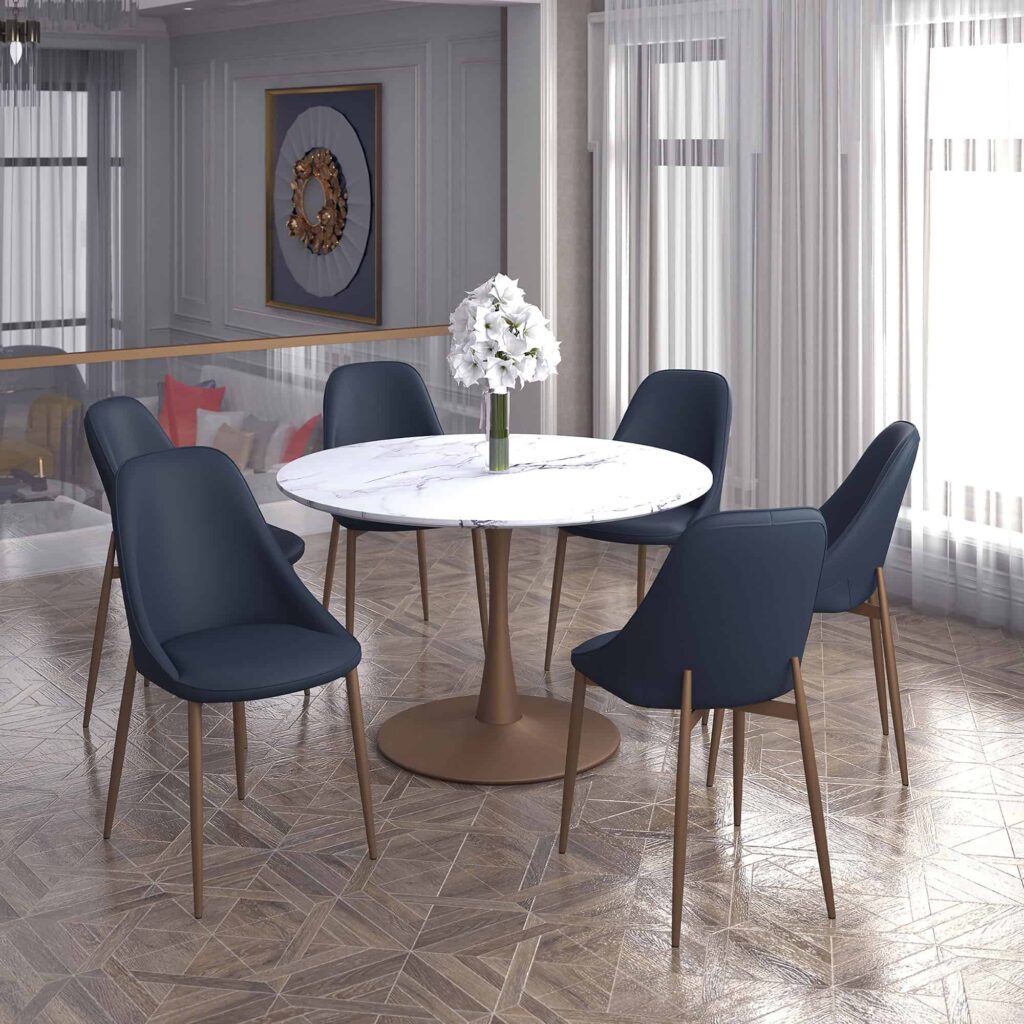 Zilo 48" Round Dining Table in White Faux Marble and Aged Gold - Image 7