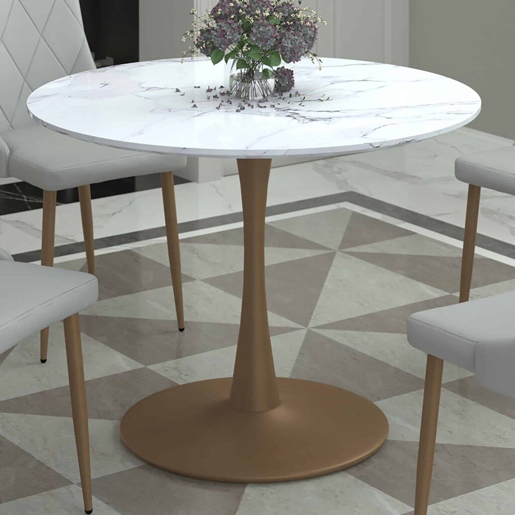 Zilo 40" Round Dining Table in White Faux Marble and Aged Gold - Image 2