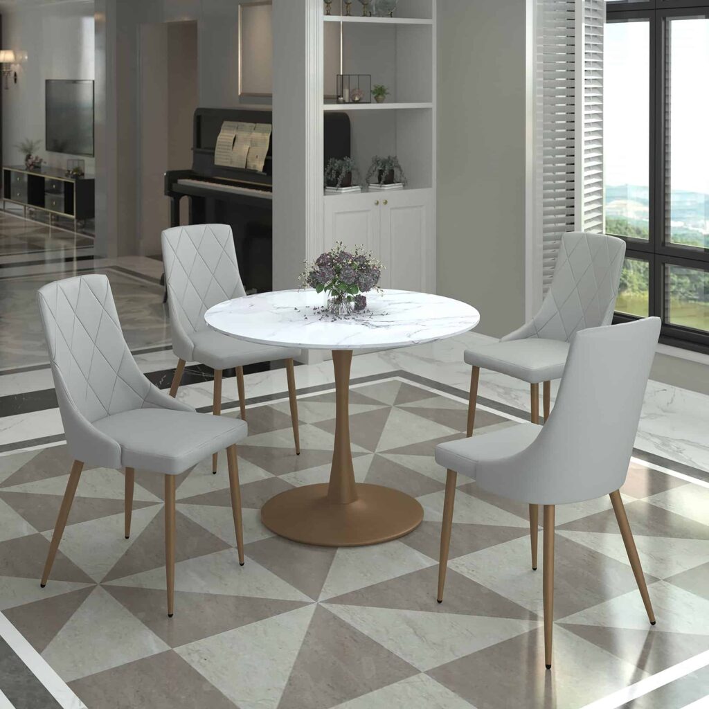 Zilo 40" Round Dining Table in White Faux Marble and Aged Gold - Image 7