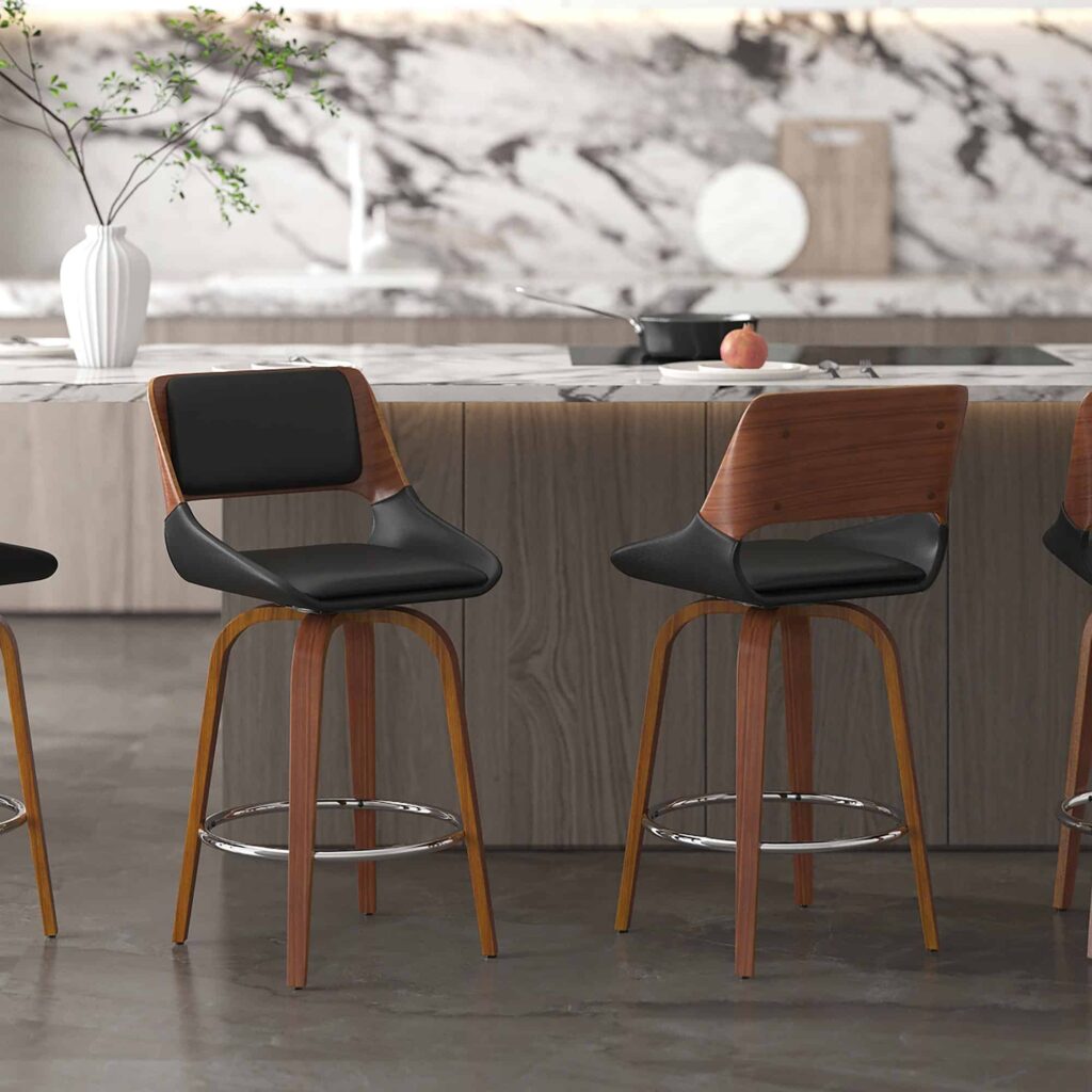 Hudson 26" Counter Stool with Swivel in Black Faux Leather and Walnut - Image 2