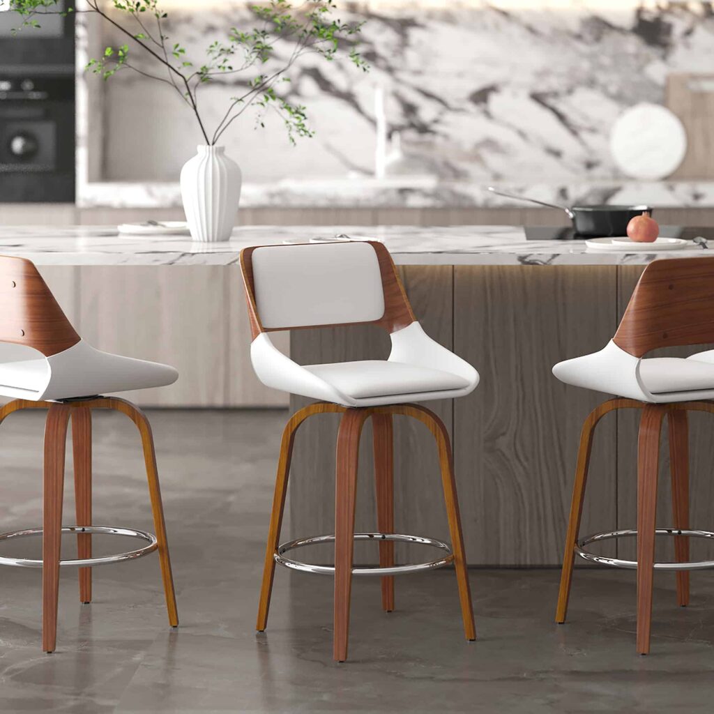 Hudson 26" Counter Stool with Swivel in White Faux Leather and Walnut - Image 2
