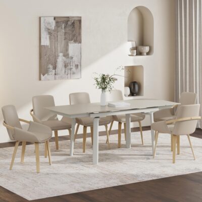 Bellaro and Caspian 7pc Dining Set - Travertine and Cream Table and Sand and Natural Chairs