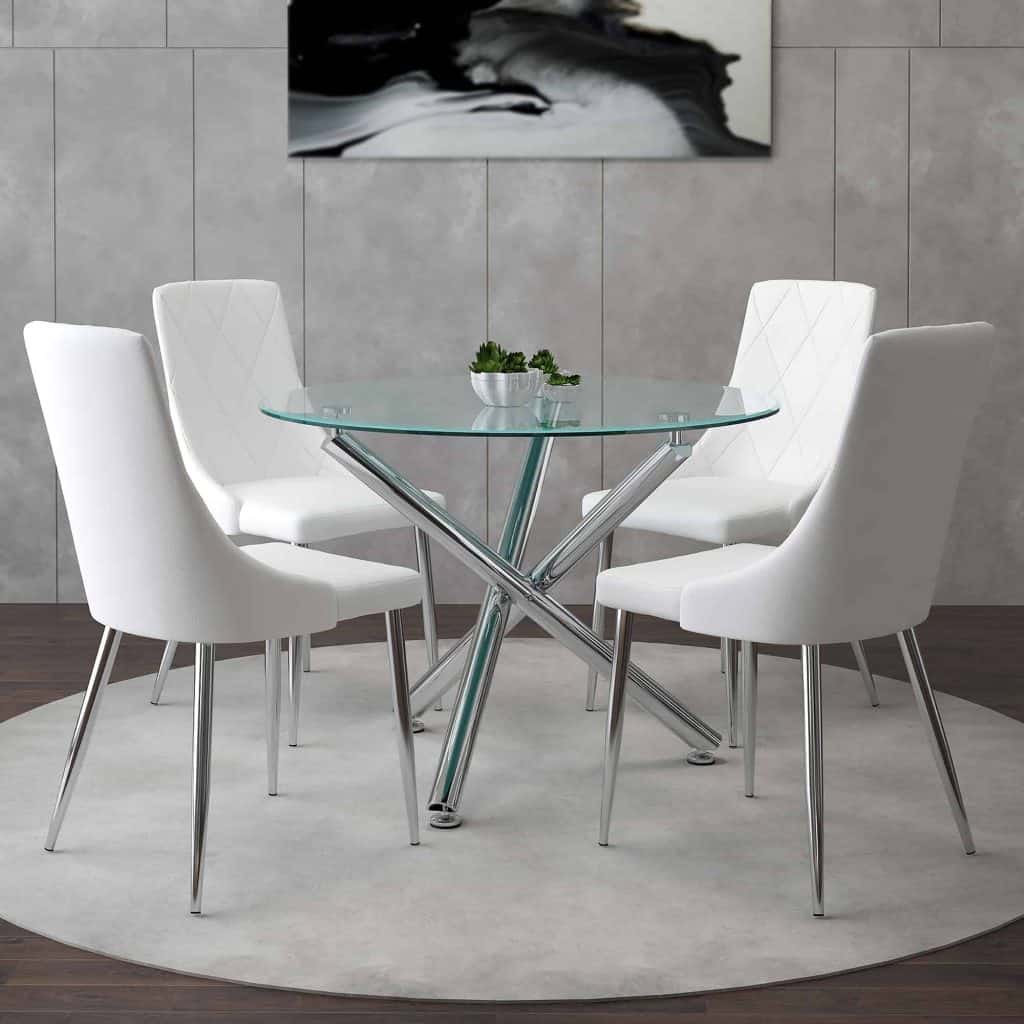 Solara/Devo 5pc Dining Set in Chrome with White Chair 207-160_087WT 207 160 087WT