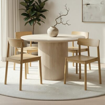 Thalia and Felix 5pc Dining Set - Ivory and Travertine Table and Natural Chairs