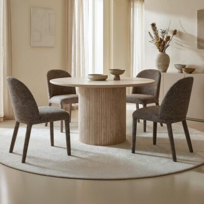 Thalia and Kiara 5pc Dining Set - Ivory and Travertine Table and Brown Chairs