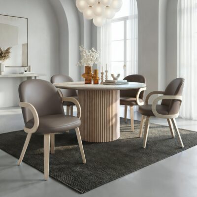Thalia and Celest 5pc Dining Set - Ivory and Travertine Table and Dark Taupe Chairs