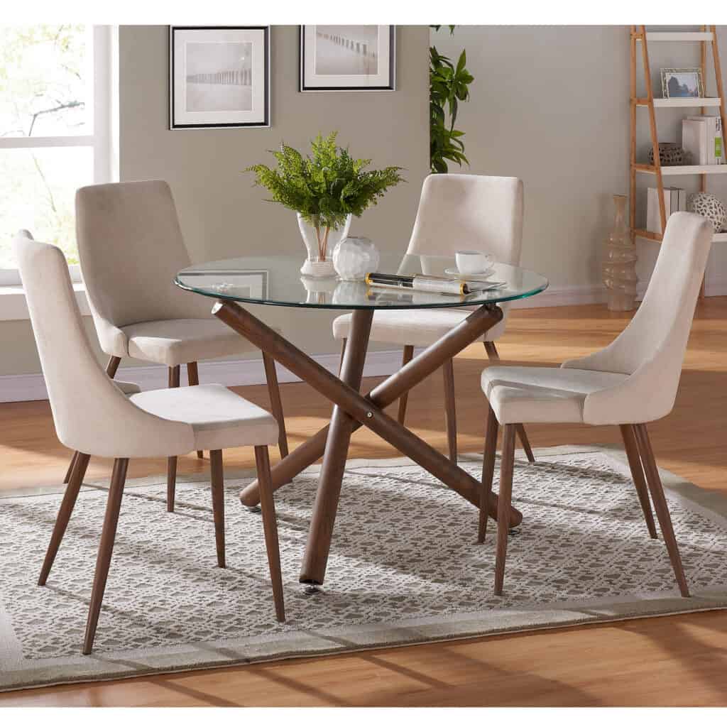 Rocca/Cora 5pc Dining Set in Walnut with Beige Chair