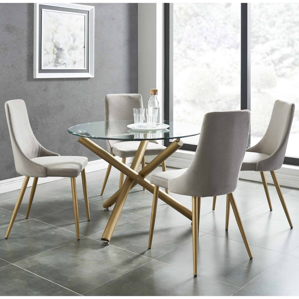 Carmilla 5pc Dining Set in Aged Gold with Grey Chair