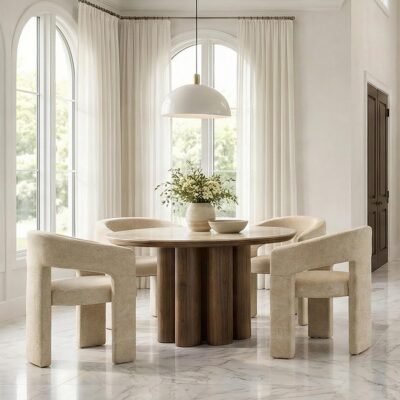 Seaton and Amara 5pc Dining Set - Walnut and Travertine Table and Beige Chairs
