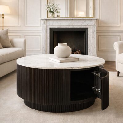 Reyna Round Coffee Table with Storage in Black and White 301-248BLK 301 248BLK 1