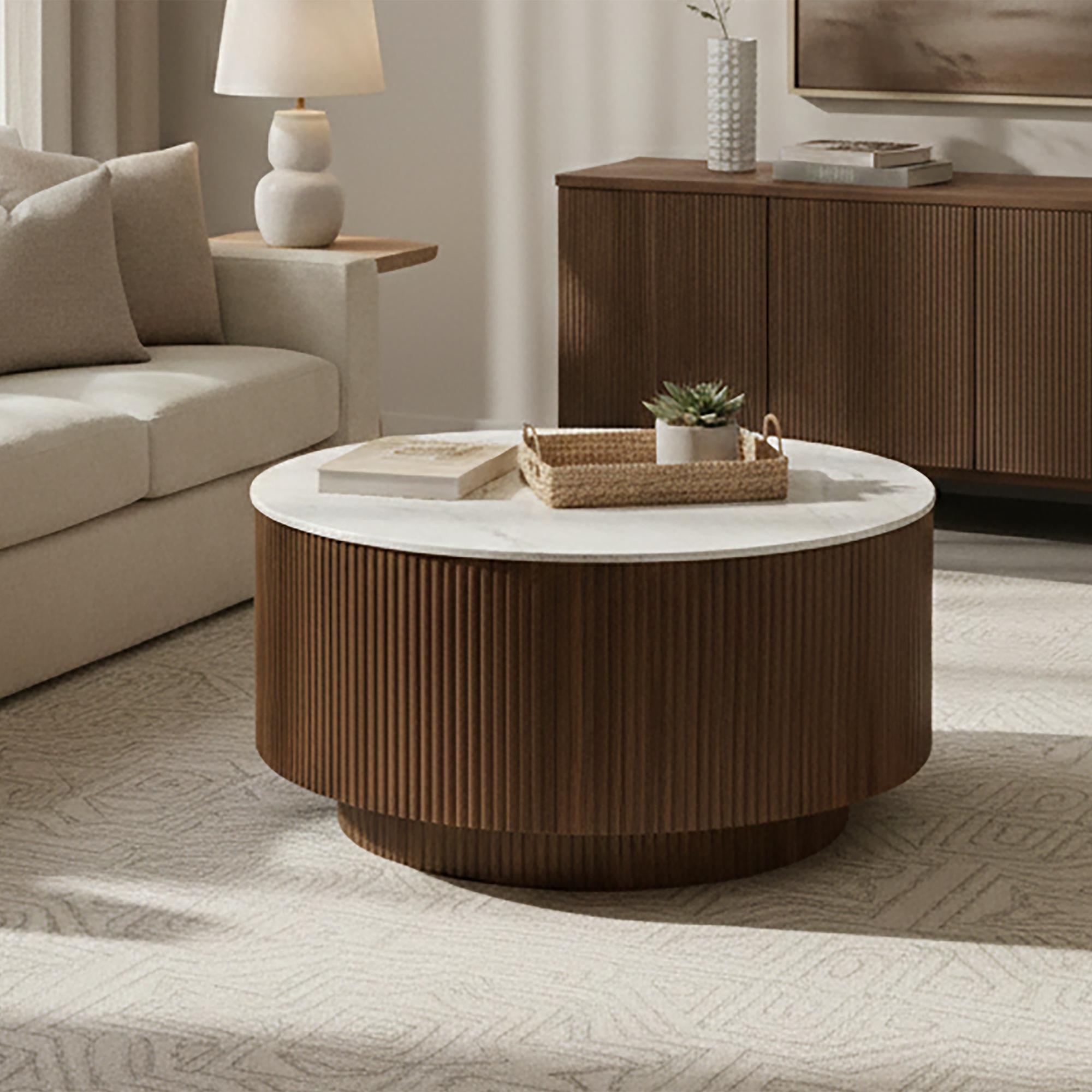 Reyna Round Coffee Table with Storage in Walnut and White 2 Reyna Round Coffee Table with Storage in Walnut and White - Image 2