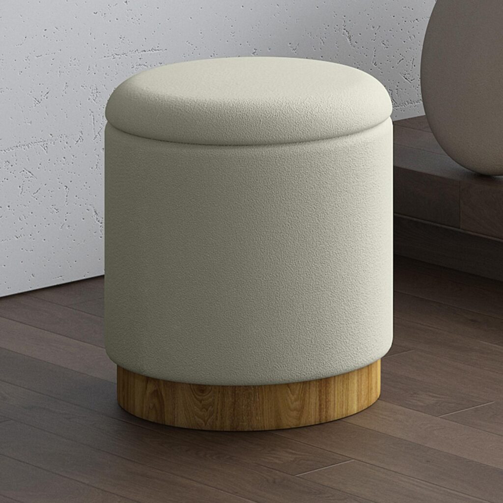 Alya Round Storage Ottoman in White and Natural - Image 2