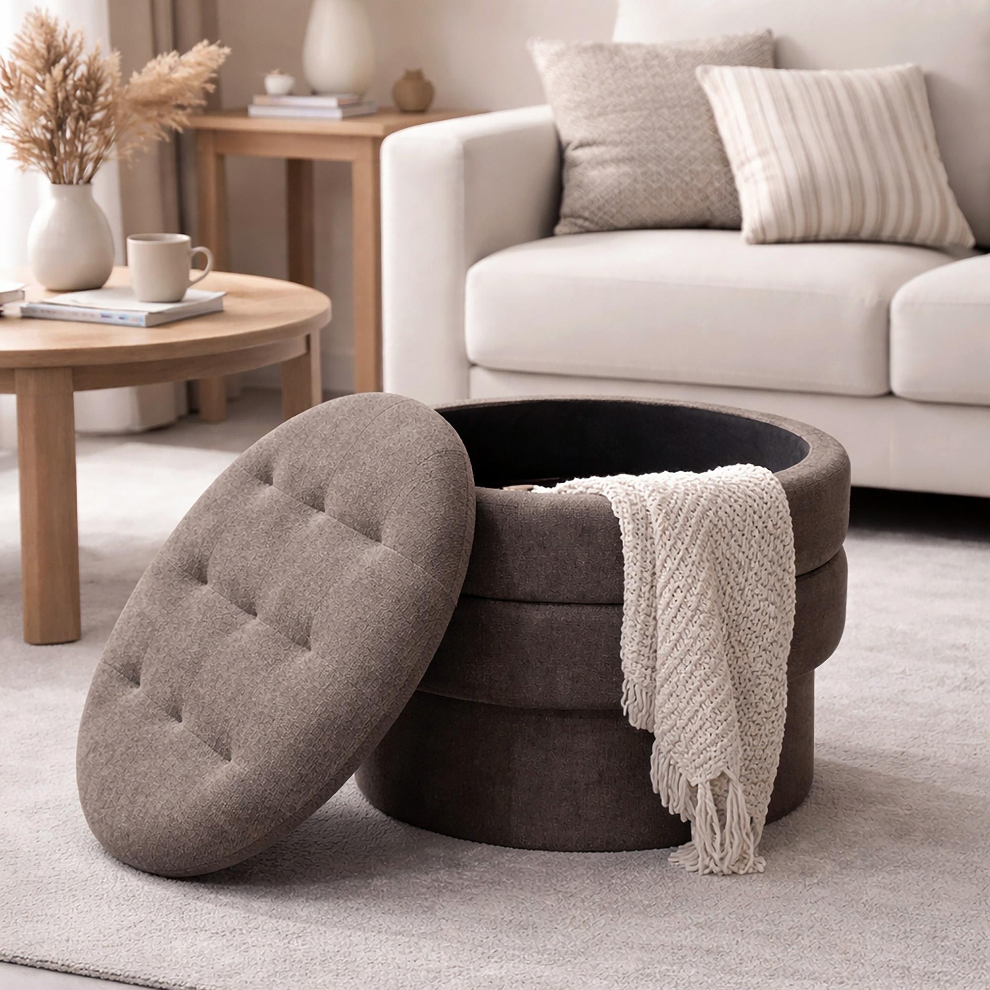 Kepler Round Storage Ottoman in Warm Charcoal 2 Kepler Round Storage Ottoman in Warm Charcoal - Image 2