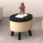 Betsy Round Storage Ottoman with Tray in Beige and Black 402-376BG_BK 402 376BG BK 1