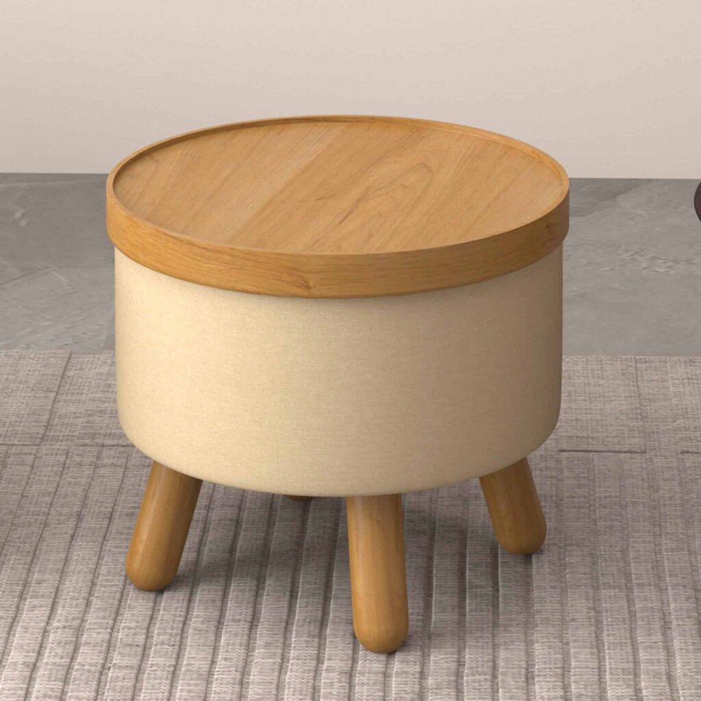 Betsy Round Storage Ottoman with Tray in Beige and Natural - Image 2