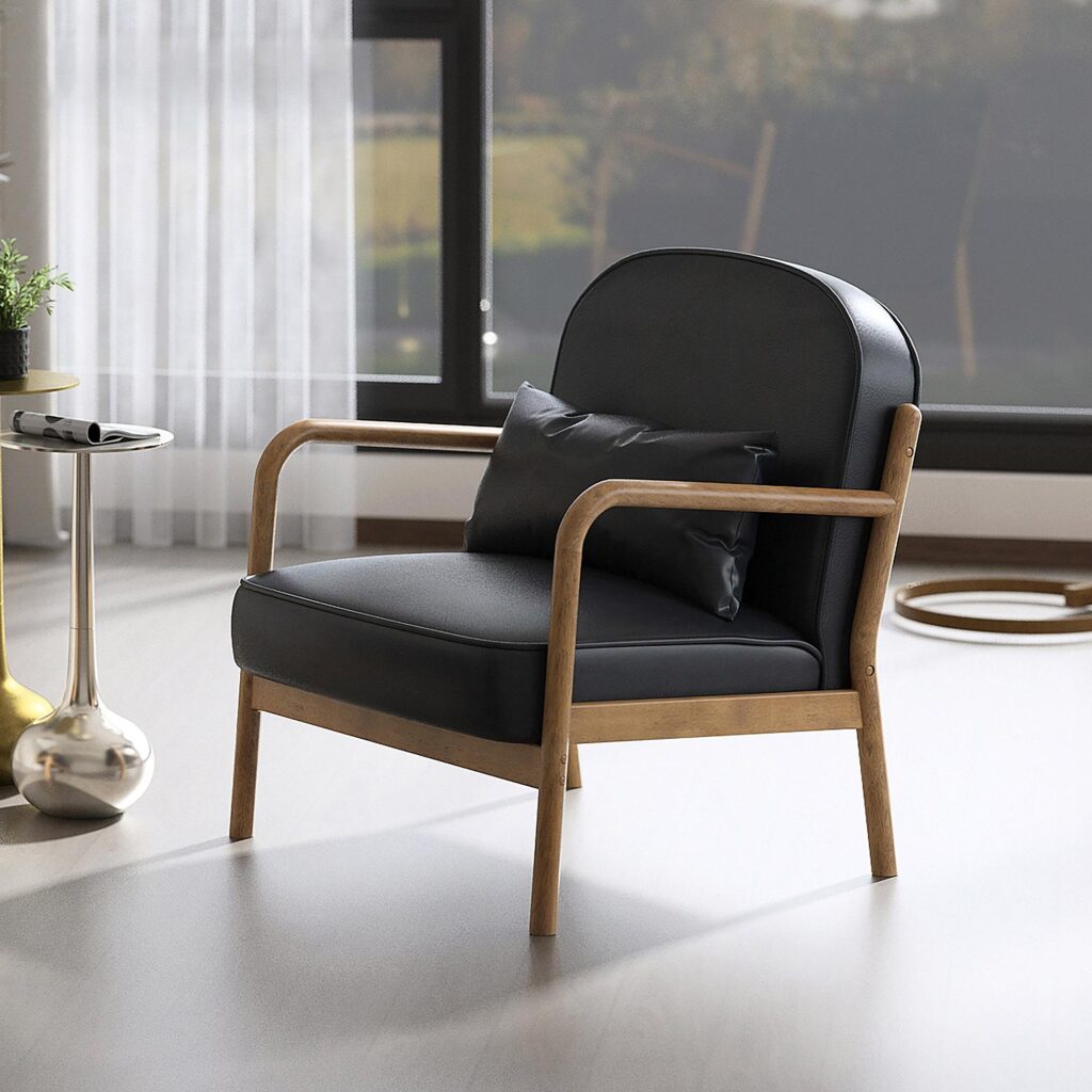 Fani Accent Chair, Faux Leather in Black and Walnut - Image 2
