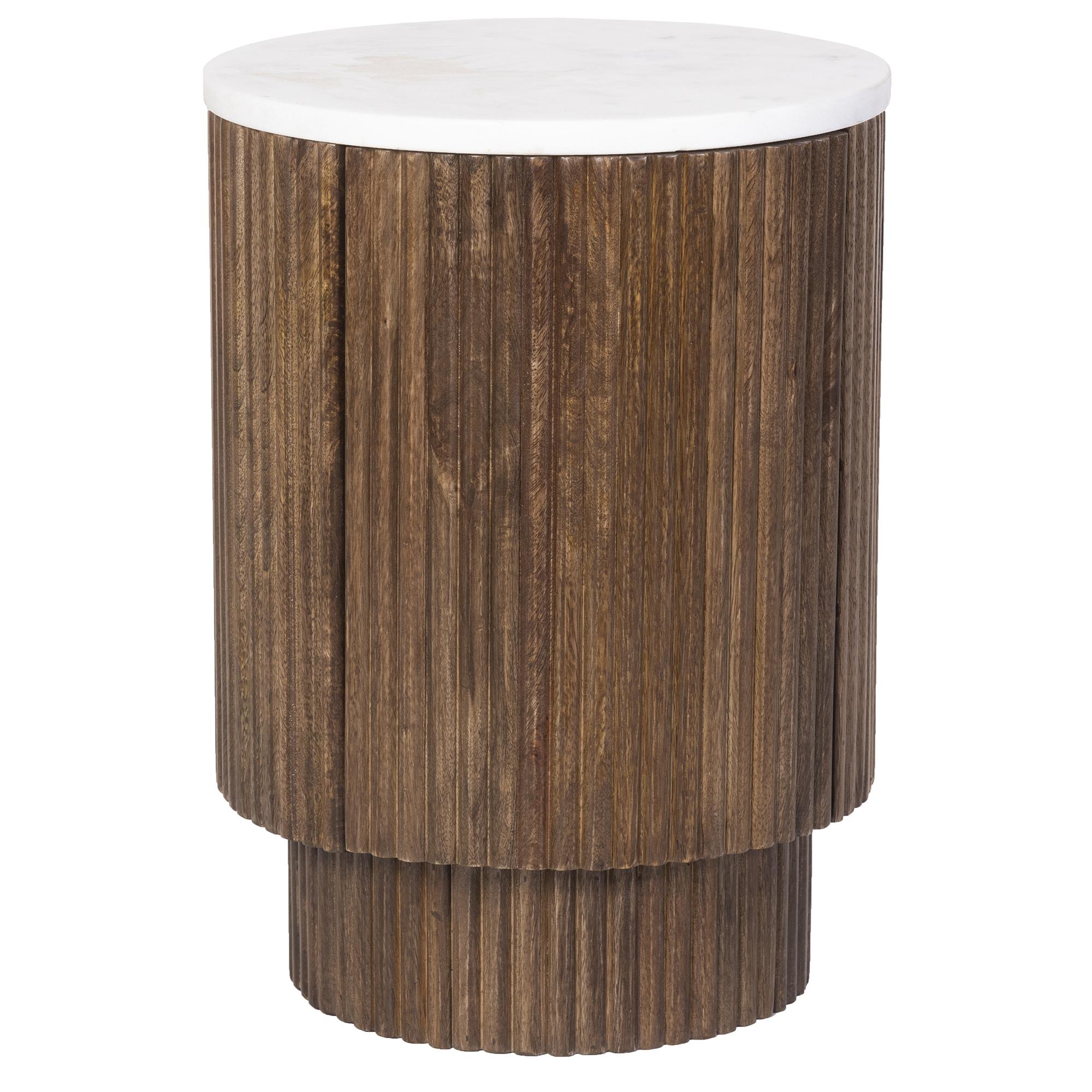 Reyna Round Accent Table with Storage in Walnut and White 1 Reyna Round Accent Table with Storage in Walnut and White