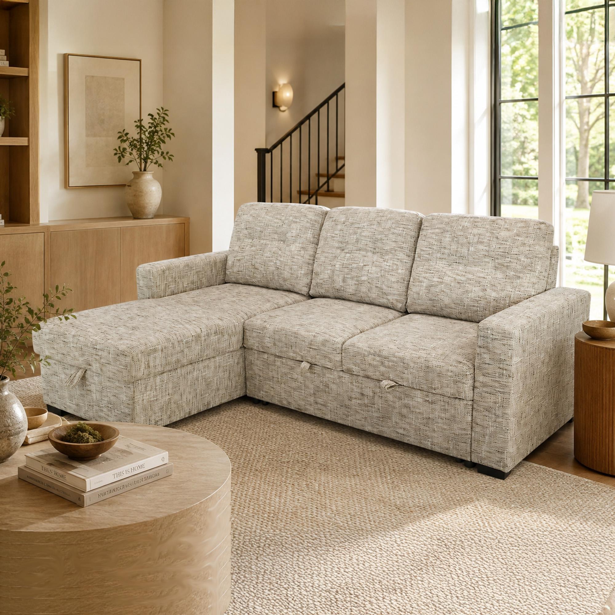Draga Sofa with Reversible Chaise & Bed & Storage in Beige 2 Draga Sofa with Reversible Chaise & Bed & Storage in Beige - Image 2