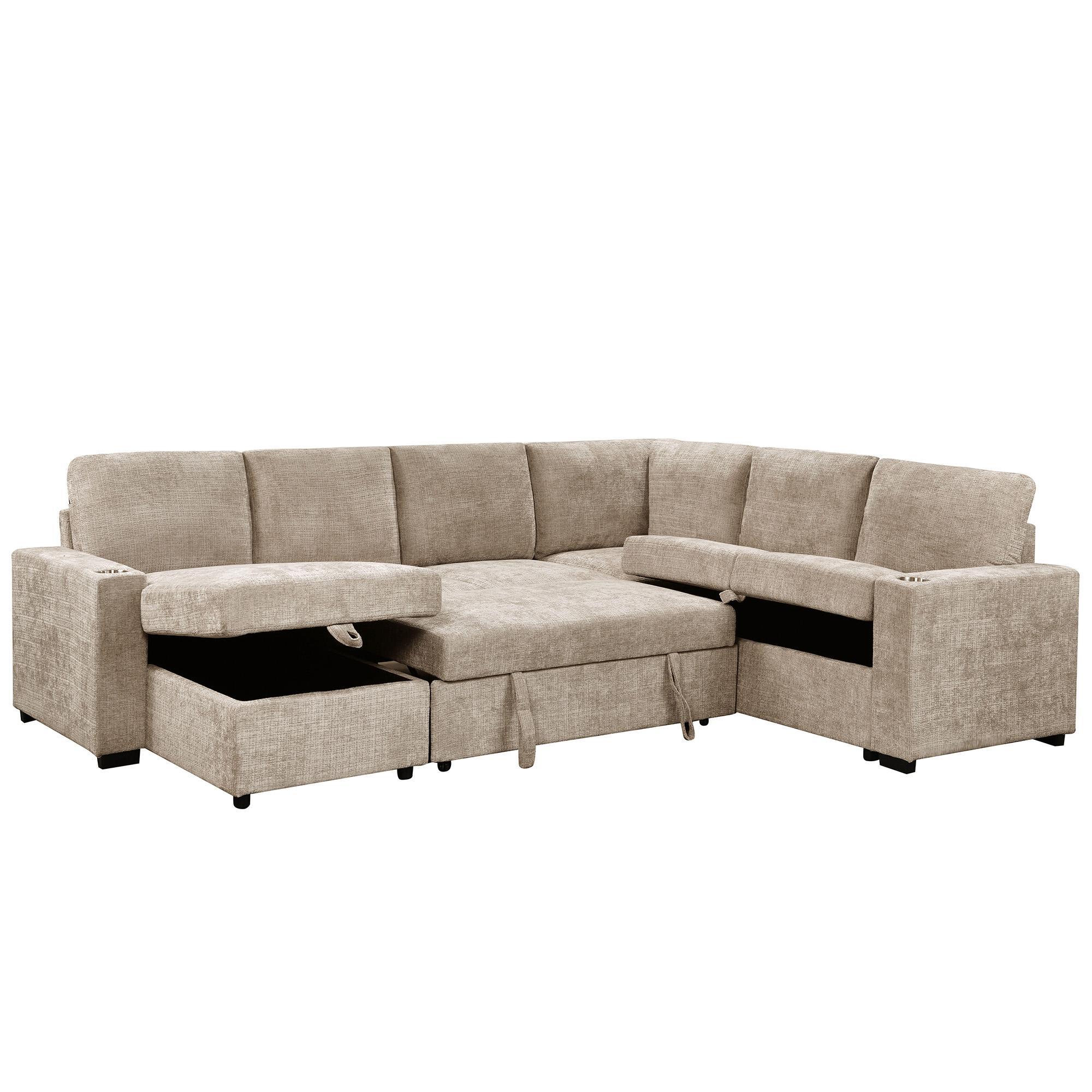 Lennox Right Sectional with Chaise & Bed & Storage in Beige 3 Lennox Right Sectional with Chaise & Bed & Storage in Beige - Image 3