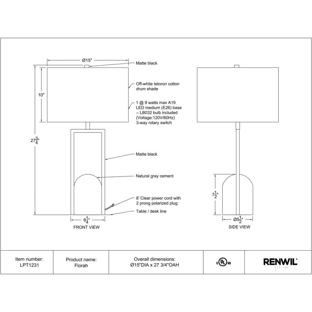 Florah Table Lamp LPT1231 LPT1231 TECHNICAL