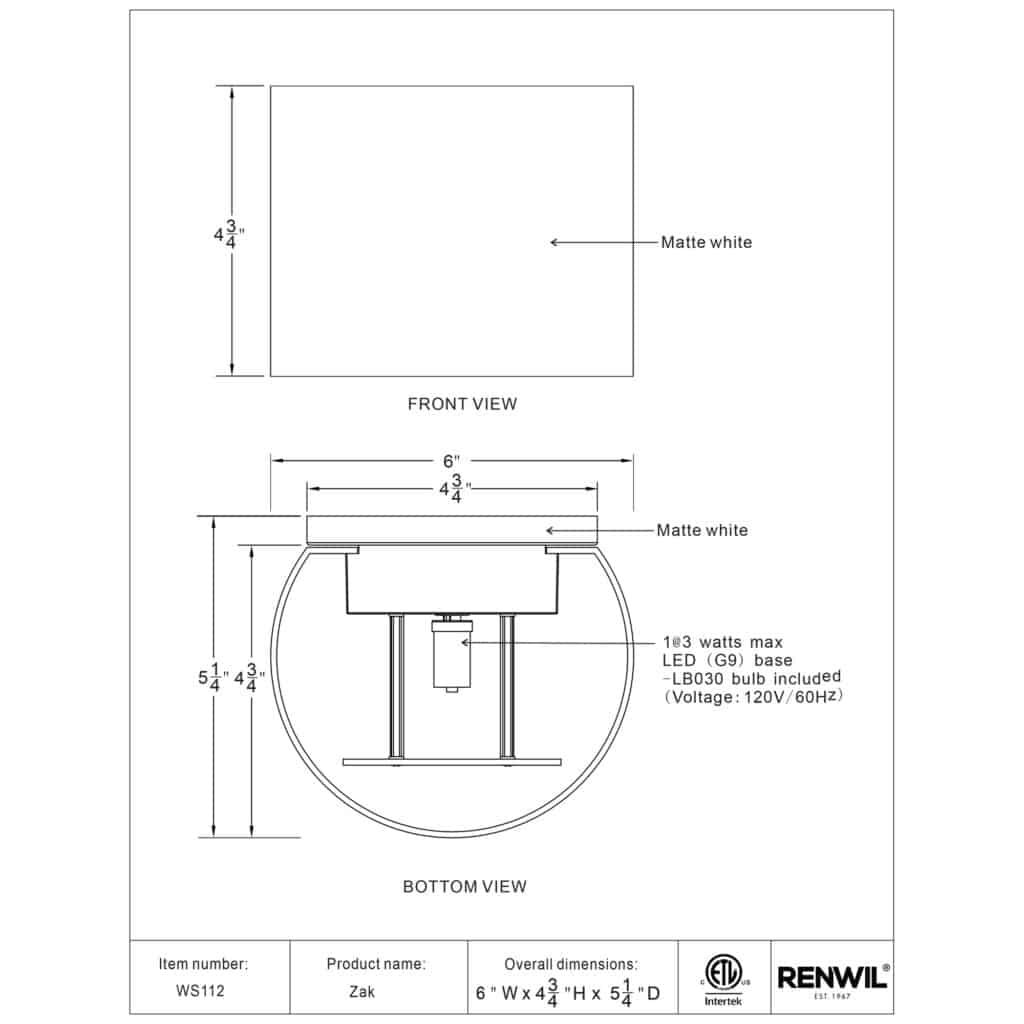 Zak Wall Sconce WS112 WS112 TECHNICAL