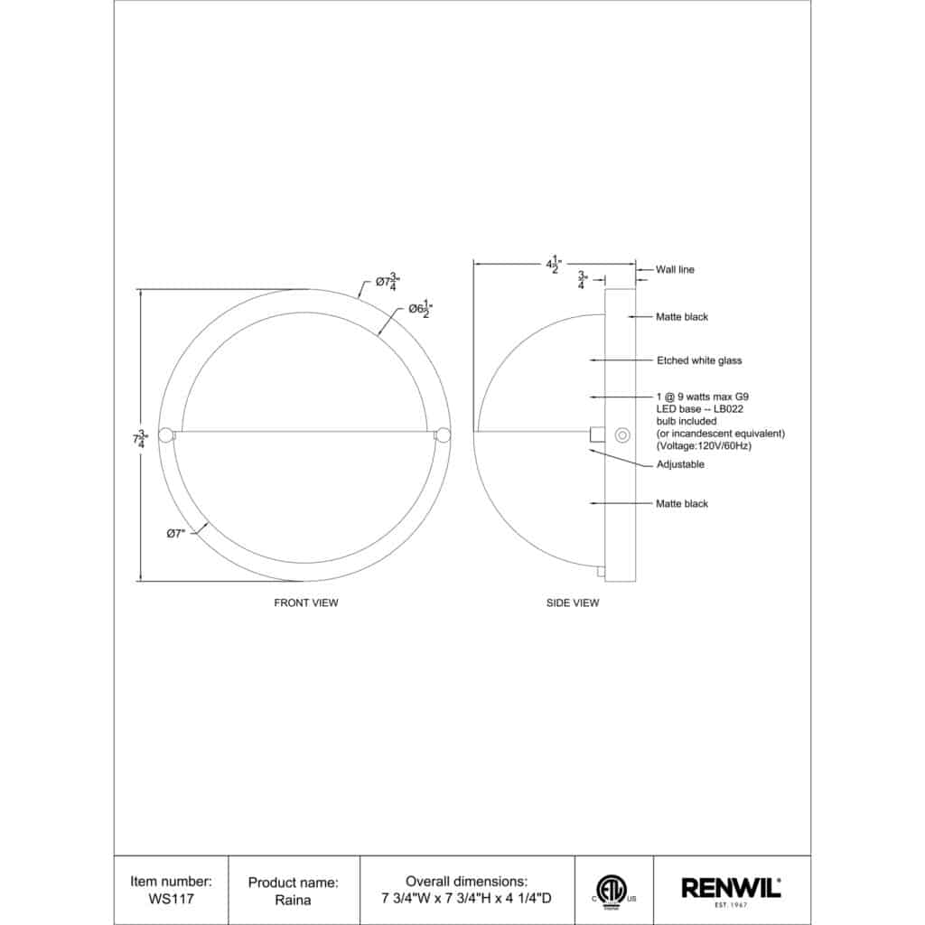 Raina Wall Sconce WS117 WS117 TECHNICAL